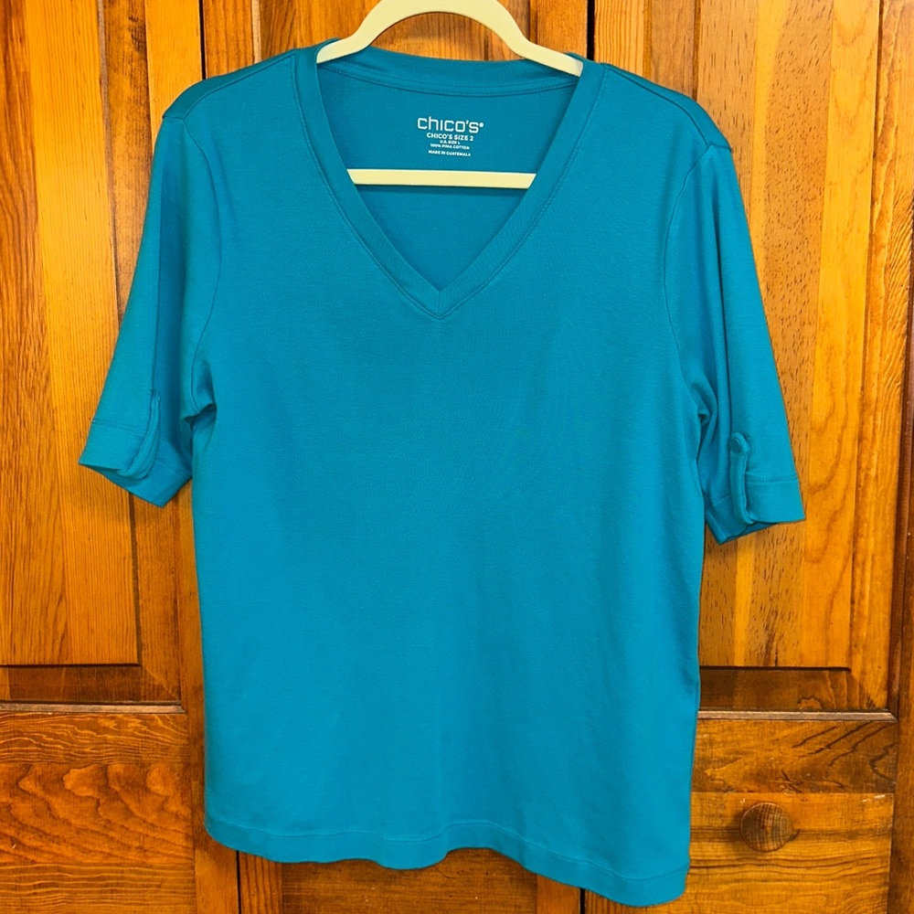 Chico's Turquoise Pima Cotton Shortsleeved V-Neck Tee Large Preowned - Picture 6 of 7